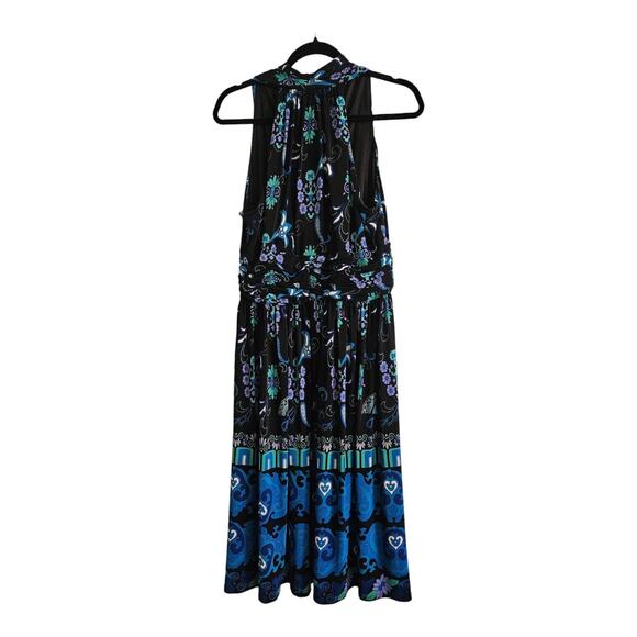 Evan Picone Halter Dress Black Multicolor Floral Midi Stretch Crossover V-Neck - Picture 2 of 6